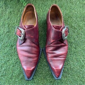 John Fluevog Swordfish Buckle strap Leather dress shoes burgundy silver accents